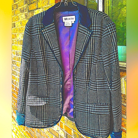 Worth Wool Suit Plaid With Blue Velvet Trim. Straight Skirt Woman’s Size 16 - Picture 4 of 16